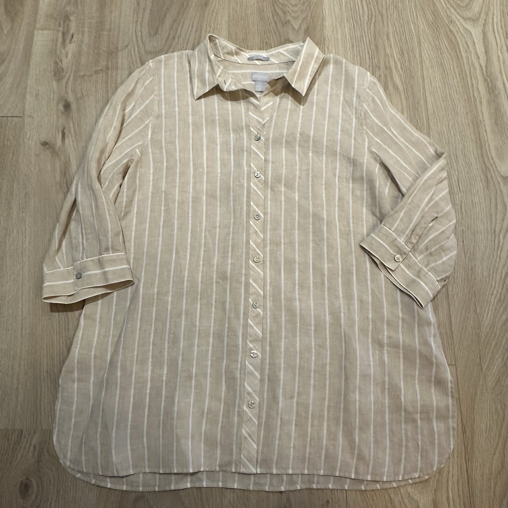 Chico's Blouse Sz 3 US XL 16/18 100% Linen Beige Stripe Blouse No Iron EUC